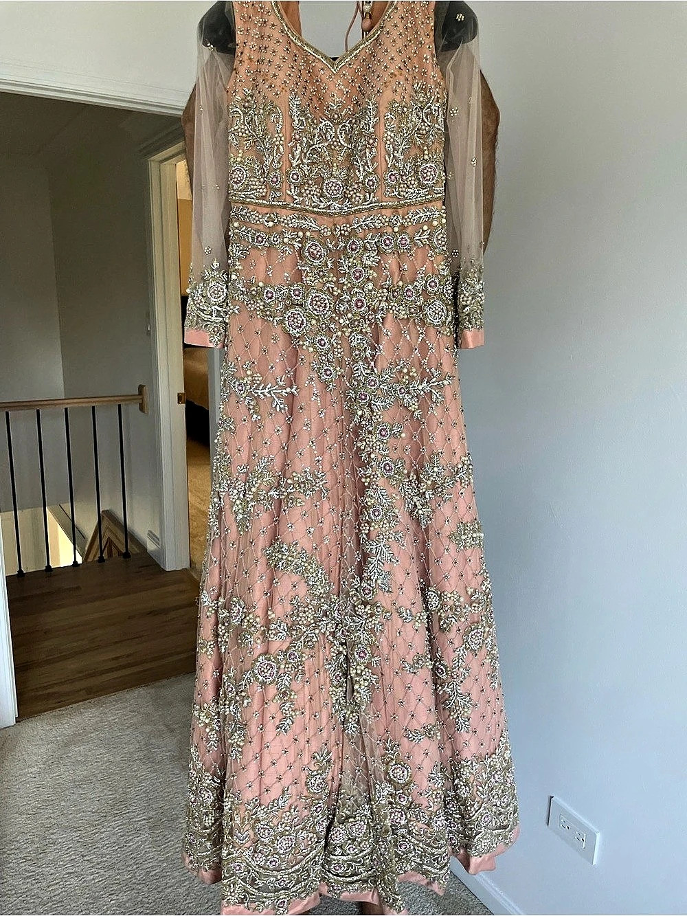 Embellished Floral Maxi Dress in Pink & Gold Like New